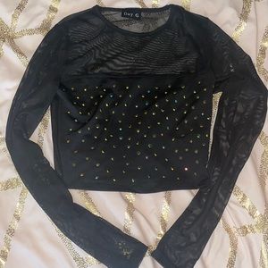 Rhinestone Mesh Long Sleeve Black Crop Top 🤍